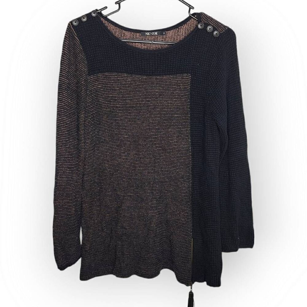 NIC ZOE Women's Sweater Brown Black Cotton Blend Long Sleeve Color Block sz Medi